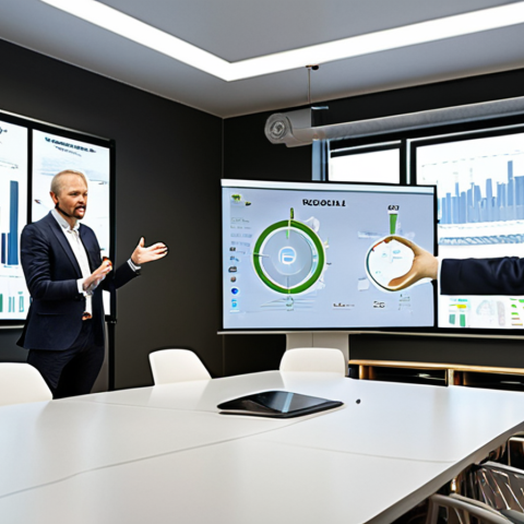 **

Prompt: *A charismatic CEO giving a presentation on renewable energy, modern office setting in Stockholm, diverse team in the background, charts displaying projected growth, focus on leadership and vision, Scandinavian design aesthetic.*

**
